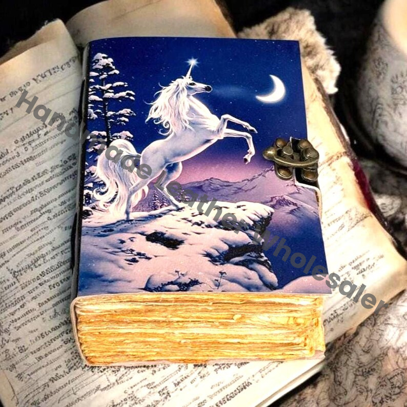 Unicorn Leather Grimoire – Celestial Spell Book of Shadows, Witchcraft Spellbook, Wiccan Pagan Gothic Witchy Magic Gift