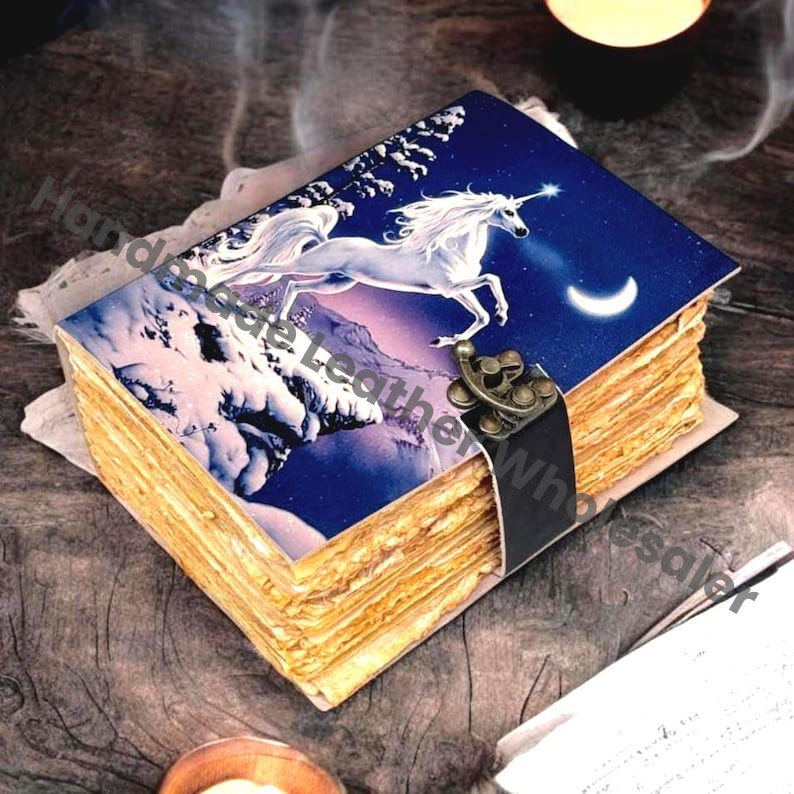 Unicorn Leather Grimoire – Celestial Spell Book of Shadows, Witchcraft Spellbook, Wiccan Pagan Gothic Witchy Magic Gift