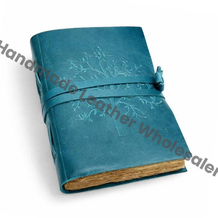 Vintage Blue Leather Journal: Tree of Life Embossed, Deckle Edge Paper