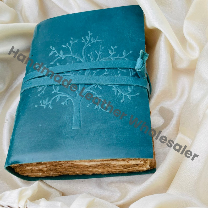 Vintage Blue Leather Journal: Tree of Life Embossed, Deckle Edge Paper