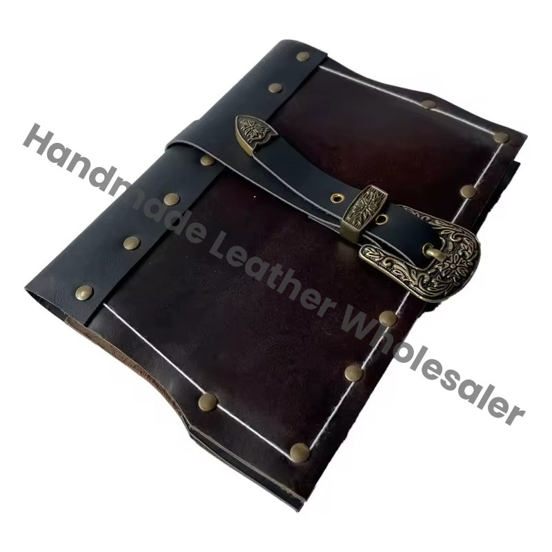 Vintage Book Shadows Saddle Stitching Genuine Leather Address Book Customized Logo Eco-friendly Paper Brass Notebook