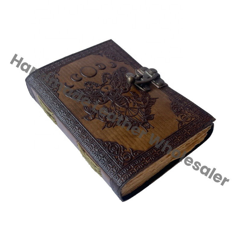 Vintage Book Spell Leather Hardcover Journal Charmed Antique Charcoal Sun Moon Handmade Deckle Edge Paper Embossed Gift