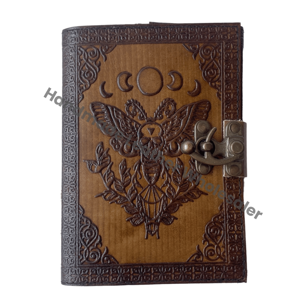 Vintage Book Spell Leather Hardcover Journal Charmed Antique Charcoal Sun Moon Handmade Deckle Edge Paper Embossed Gift