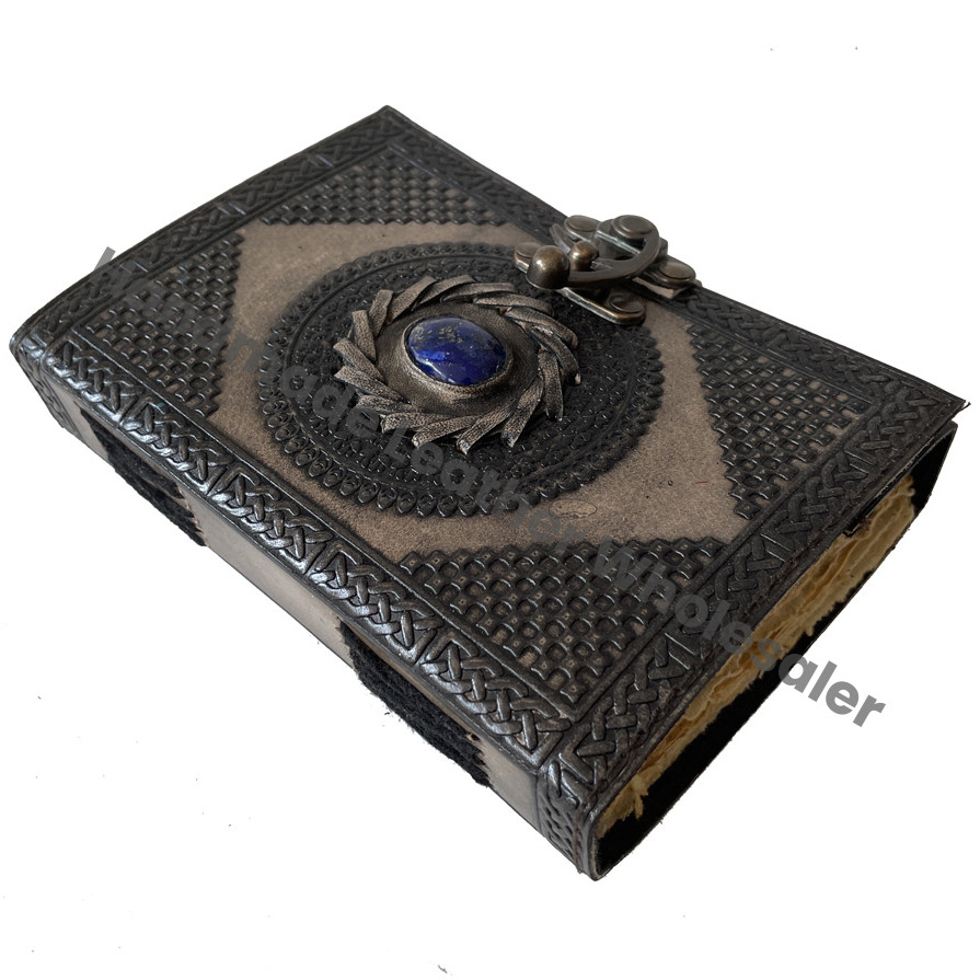 Vintage Charcoal Leather Journal Semi-Precious Stone Lock Handmade Deckle Paper Custom Logo Gift Wiccan Diary Planner
