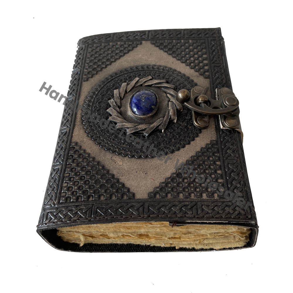 Vintage Charcoal Leather Journal Semi-Precious Stone Lock Handmade Deckle Paper Custom Logo Gift Wiccan Diary Planner