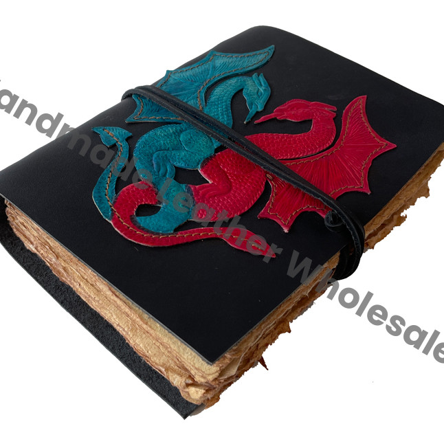 Vintage Double Dragon Leather Journal Deckle Edge Handmade Paper Notebook Spiral Binding Leather Cover Gift Planner Wholesaler