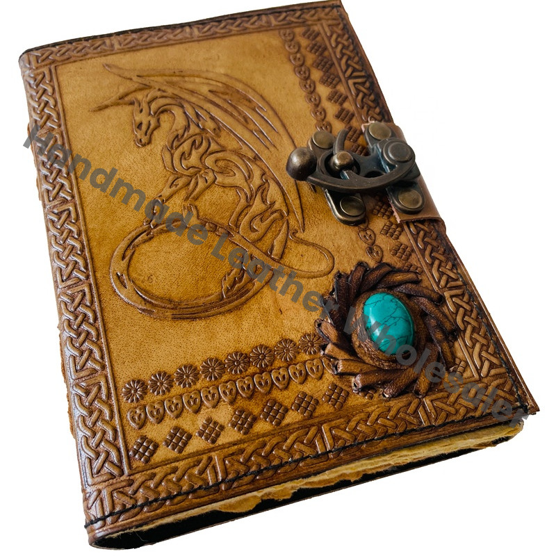 Vintage Handmade Large Embossed Leather Journal Dragon Personal Diary Notebook Journal Gift Dragon with Stone
