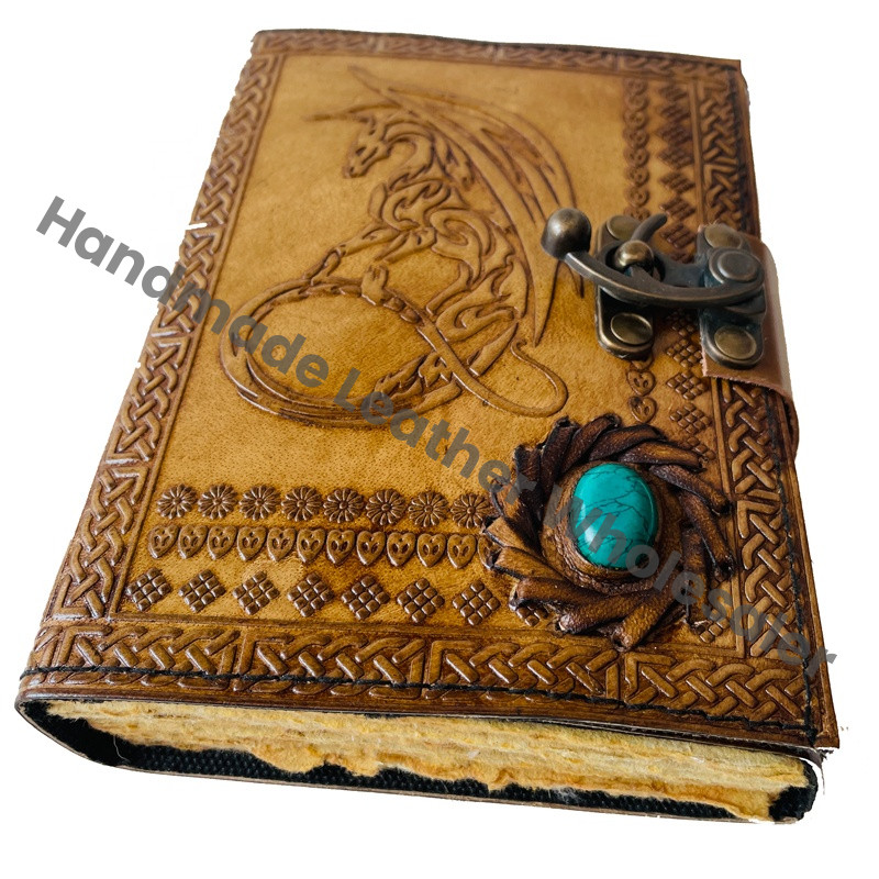 Vintage Handmade Large Embossed Leather Journal Dragon Personal Diary Notebook Journal Gift Dragon with Stone
