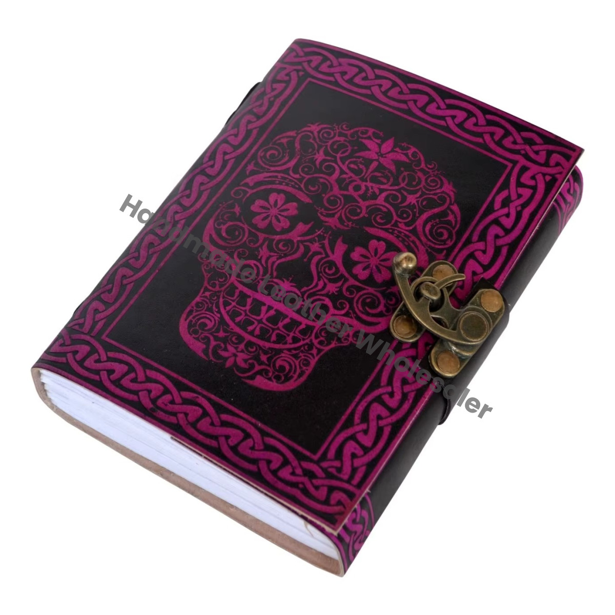 Vintage Handmade Pink with Black Skull Leather Journal Large Book of Spell Notebooks Woman Sketchbook Supplies Diary