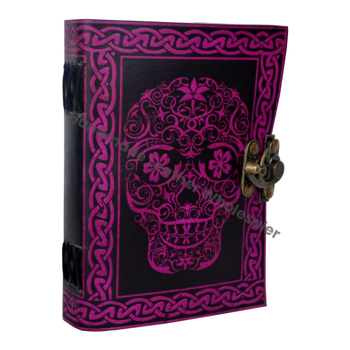 Vintage Handmade Pink with Black Skull Leather Journal Large Book of Spell Notebooks Woman Sketchbook Supplies Diary