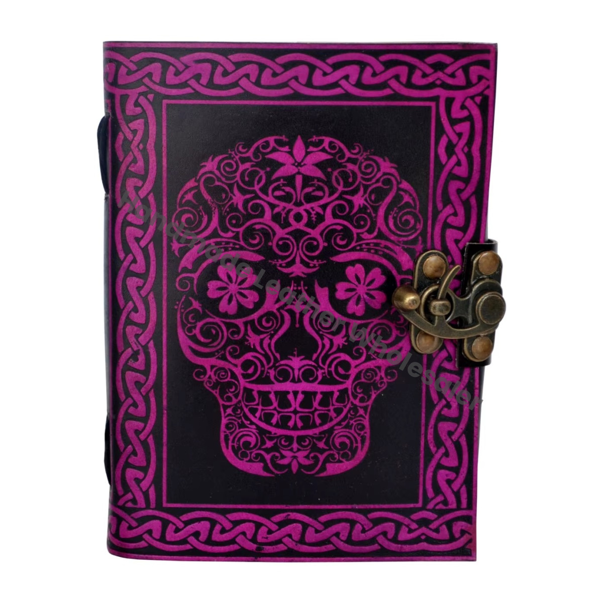 Vintage Handmade Pink with Black Skull Leather Journal Large Book of Spell Notebooks Woman Sketchbook Supplies Diary