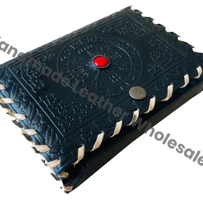 Vintage Large Black Leather Hard Cover Journal Thermal Stone Unlined Clasp Charming Sketchbook for Women's Writing Drawing Gift