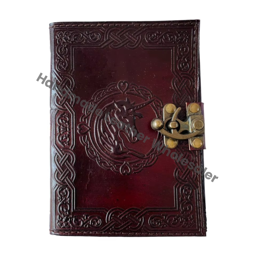Vintage Leather Book of Spells Celtic Wiccan Journals for Writing Prop Brown Unicorn Handmade Emboss Deckle Art Paper Diary