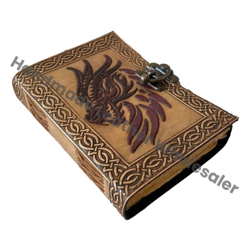 Vintage Leather Book of Spells Dragon DND Celtic Wiccan Journals for Writing Black Handmade Deckle Art Paper Planner Diary