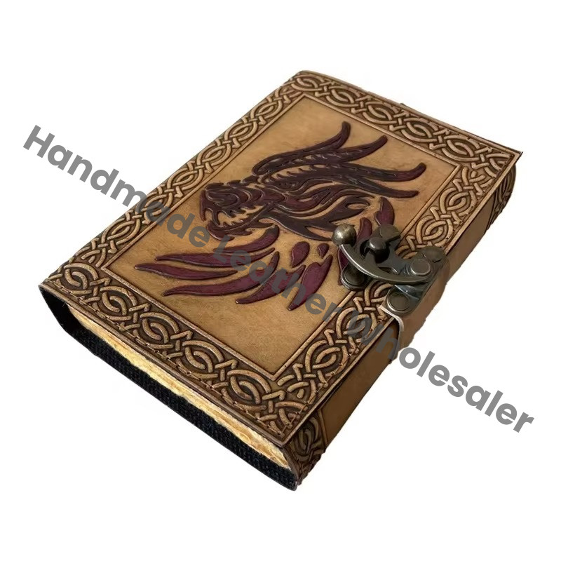 Vintage Leather Book of Spells Dragon DND Celtic Wiccan Journals for Writing Black Handmade Deckle Art Paper Planner Diary