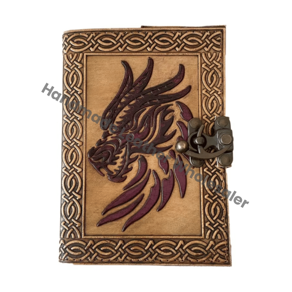 Vintage Leather Book of Spells Dragon DND Celtic Wiccan Journals for Writing Black Handmade Deckle Art Paper Planner Diary