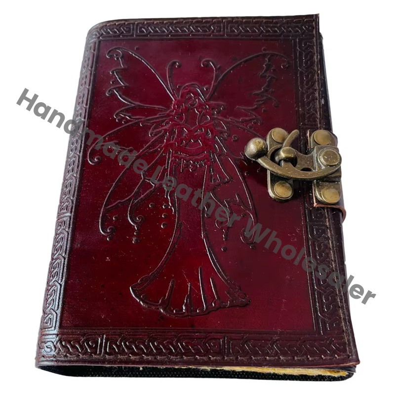 Vintage Leather Book Printed Celtic Wiccan Journals Writing Prop Brown Fairy Women Handmade Embossed Deckle Art Eco-friendly Paper