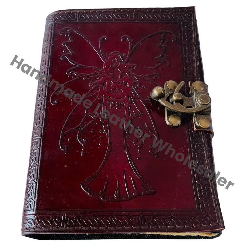 Vintage Leather Book Printed Celtic Wiccan Journals Writing Prop Brown Fairy Women Handmade Embossed Deckle Art Eco-friendly Paper