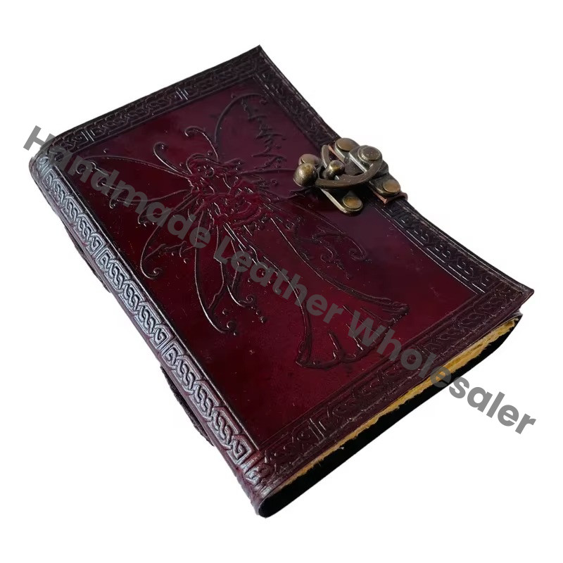 Vintage Leather Book Printed Celtic Wiccan Journals Writing Prop Brown Fairy Women Handmade Embossed Deckle Art Eco-friendly Paper