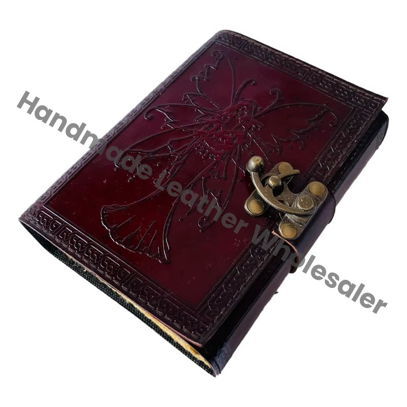 Vintage Leather Book Printed Celtic Wiccan Journals Writing Prop Brown Fairy Women Handmade Embossed Deckle Art Eco-friendly Paper