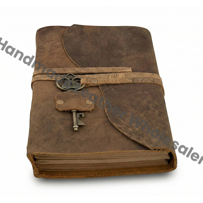 Vintage Leather-Bound Journal with Antique Key | Handmade Rustic Travel Blank Notebook Gift for Writers