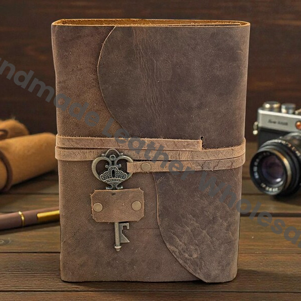 Vintage Leather-Bound Journal with Antique Key | Handmade Rustic Travel Blank Notebook Gift for Writers