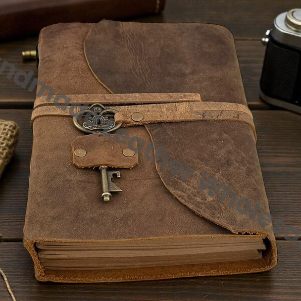 Vintage Leather-Bound Journal with Antique Key | Handmade Rustic Travel Blank Notebook Gift for Writers