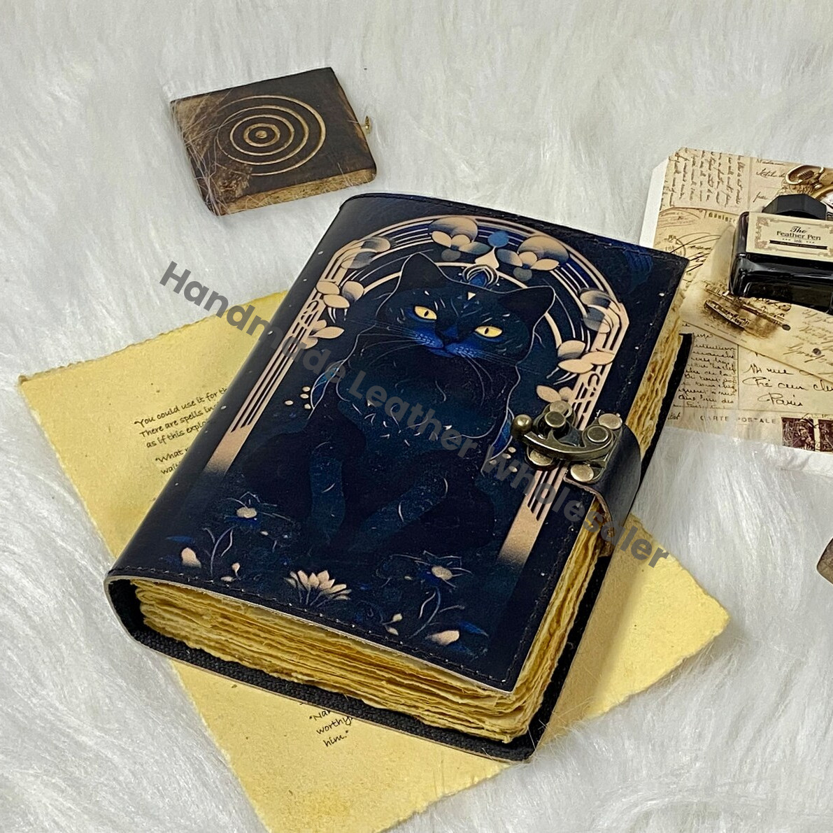 Vintage Leather Cat Journal: Celtic Book of Spells, Handmade Sketchbook