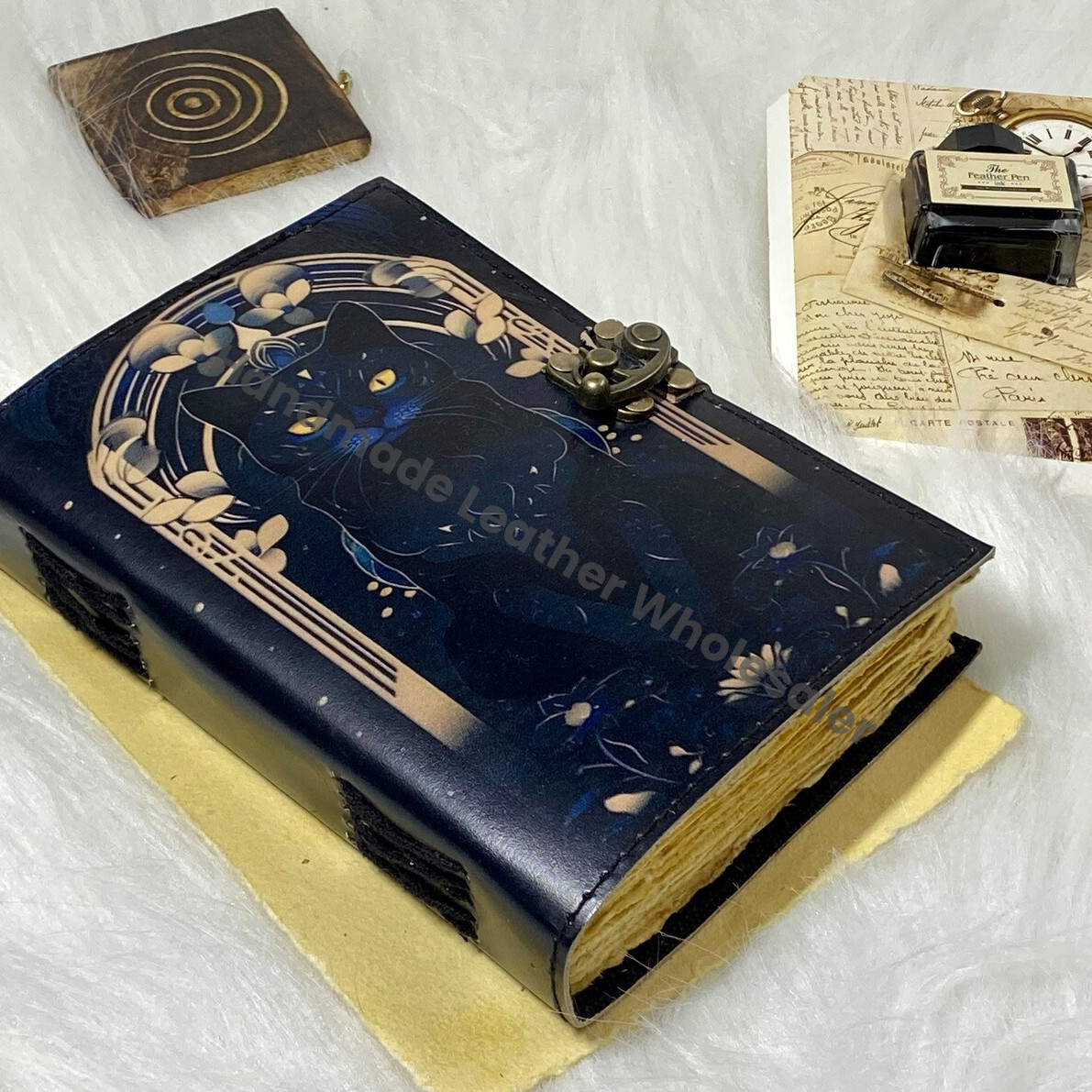 Vintage Leather Cat Journal: Celtic Book of Spells, Handmade Sketchbook