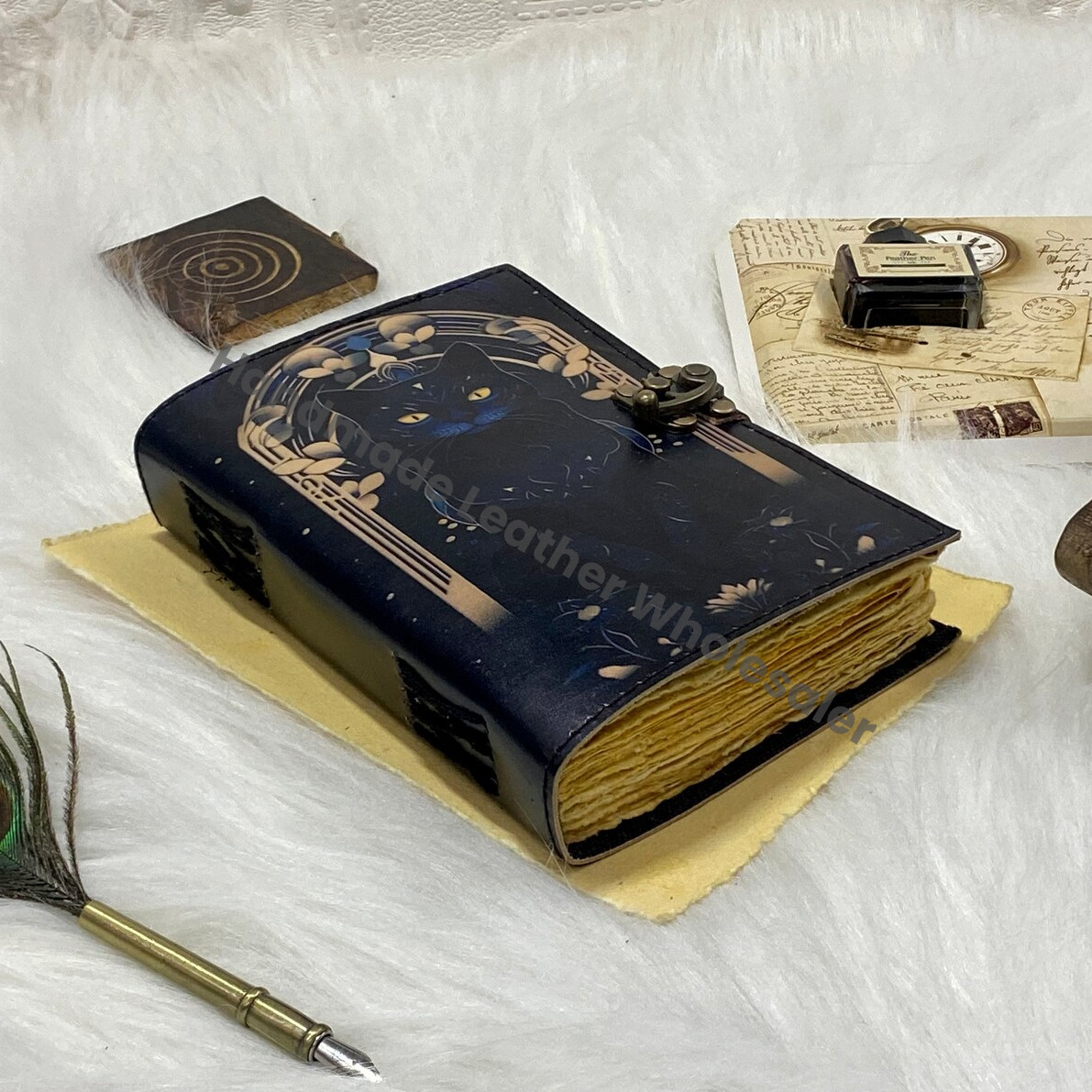 Vintage Leather Cat Journal: Celtic Book of Spells, Handmade Sketchbook