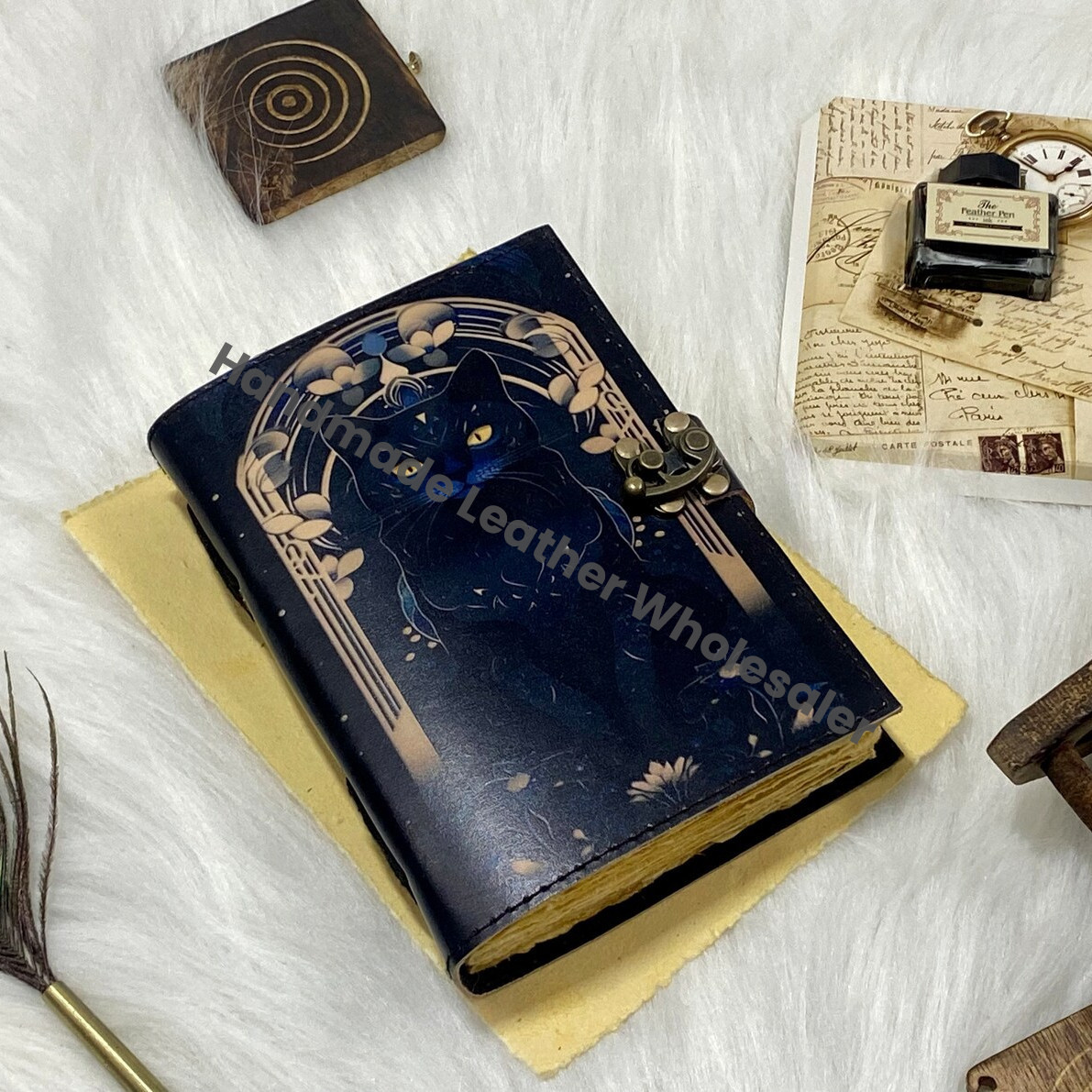 Vintage Leather Cat Journal: Celtic Book of Spells, Handmade Sketchbook