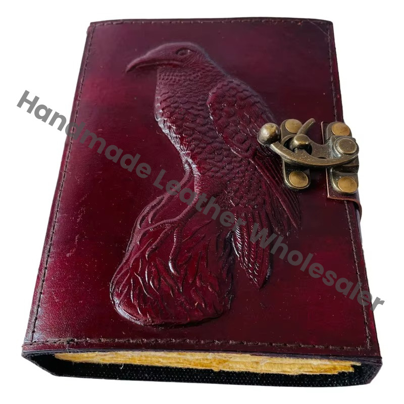 Vintage Leather Crow Handmade Book of Spells Celtic Wiccan Journals for Writing Prop Brown Emboss Deckle Art Paper Diary