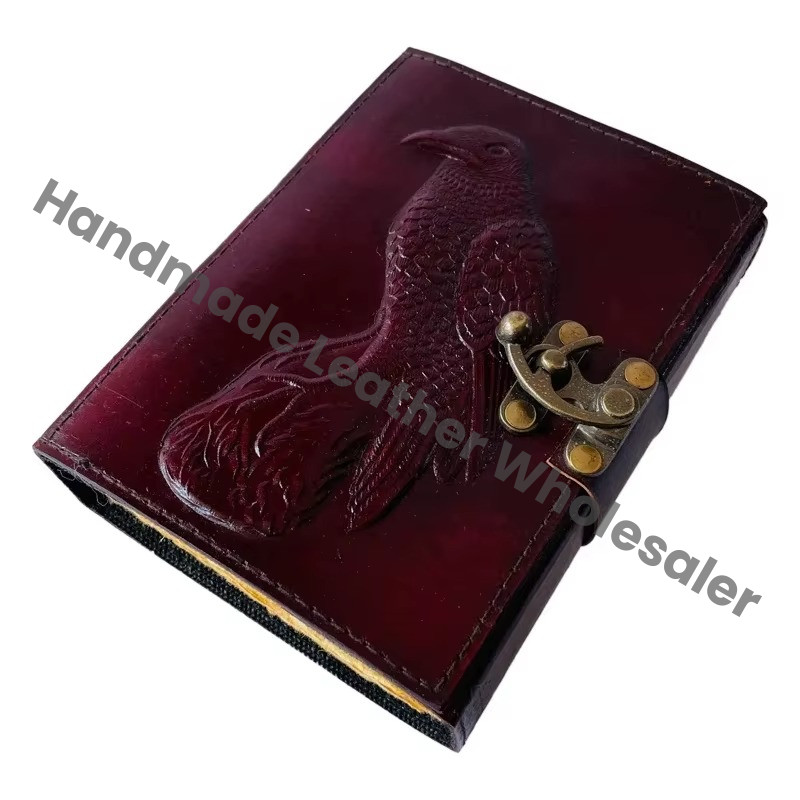 Vintage Leather Crow Handmade Book of Spells Celtic Wiccan Journals for Writing Prop Brown Emboss Deckle Art Paper Diary