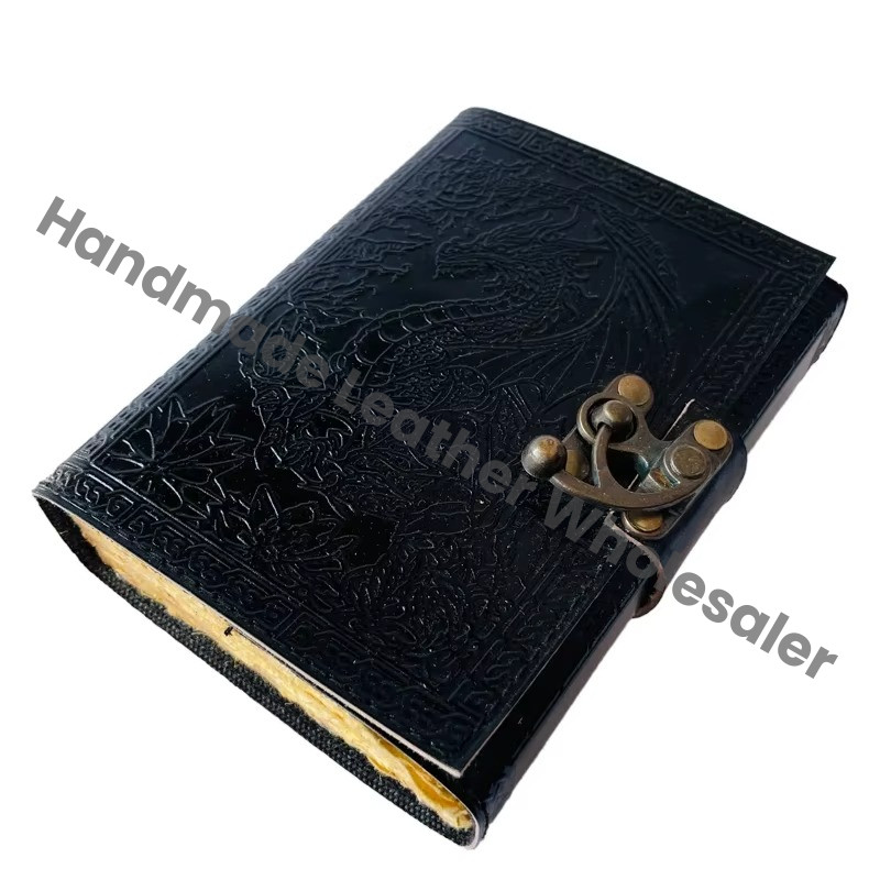 Vintage Leather Dragon Book of Spells Celtic Wiccan Journals for Writing Black Prop Charcoal Handmade Embossed Deckle Art Paper