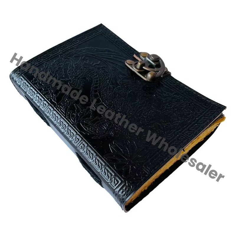 Vintage Leather Dragon Book of Spells Celtic Wiccan Journals for Writing Black Prop Charcoal Handmade Embossed Deckle Art Paper