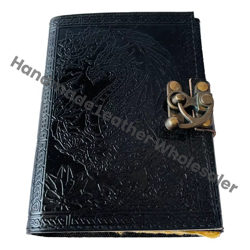 Vintage Leather Dragon Book of Spells Celtic Wiccan Journals for Writing Black Prop Charcoal Handmade Embossed Deckle Art Paper