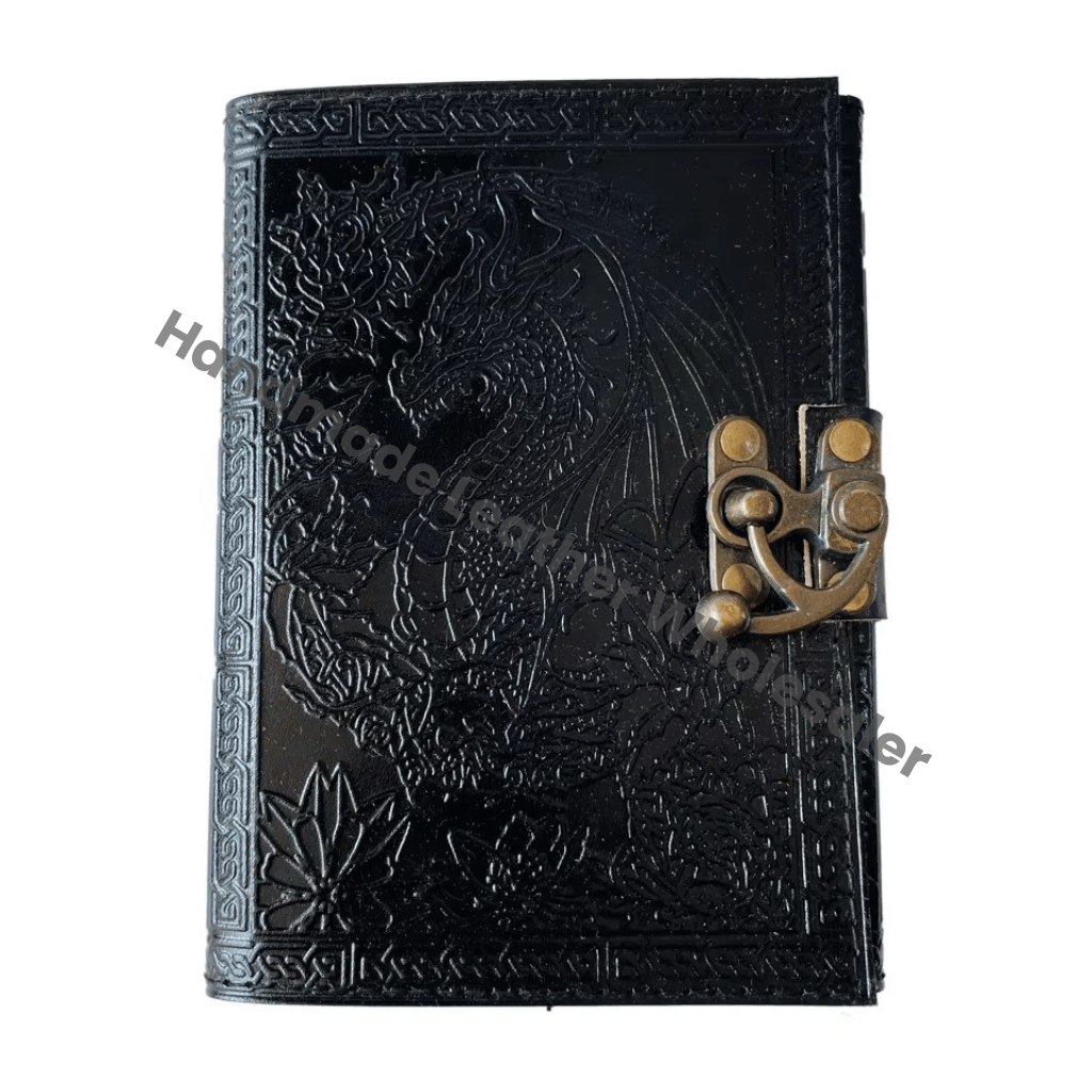 Vintage Leather Dragon Book of Spells Celtic Wiccan Journals for Writing Black Prop Charcoal Handmade Embossed Deckle Art Paper