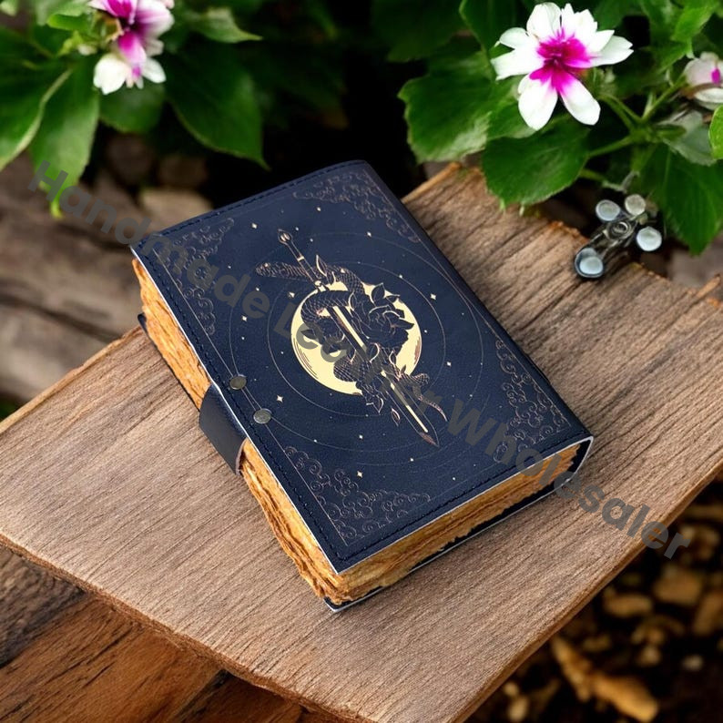 Vintage Leather Grimoire Journal: Handmade Deckle Edge Paper Sketchbook