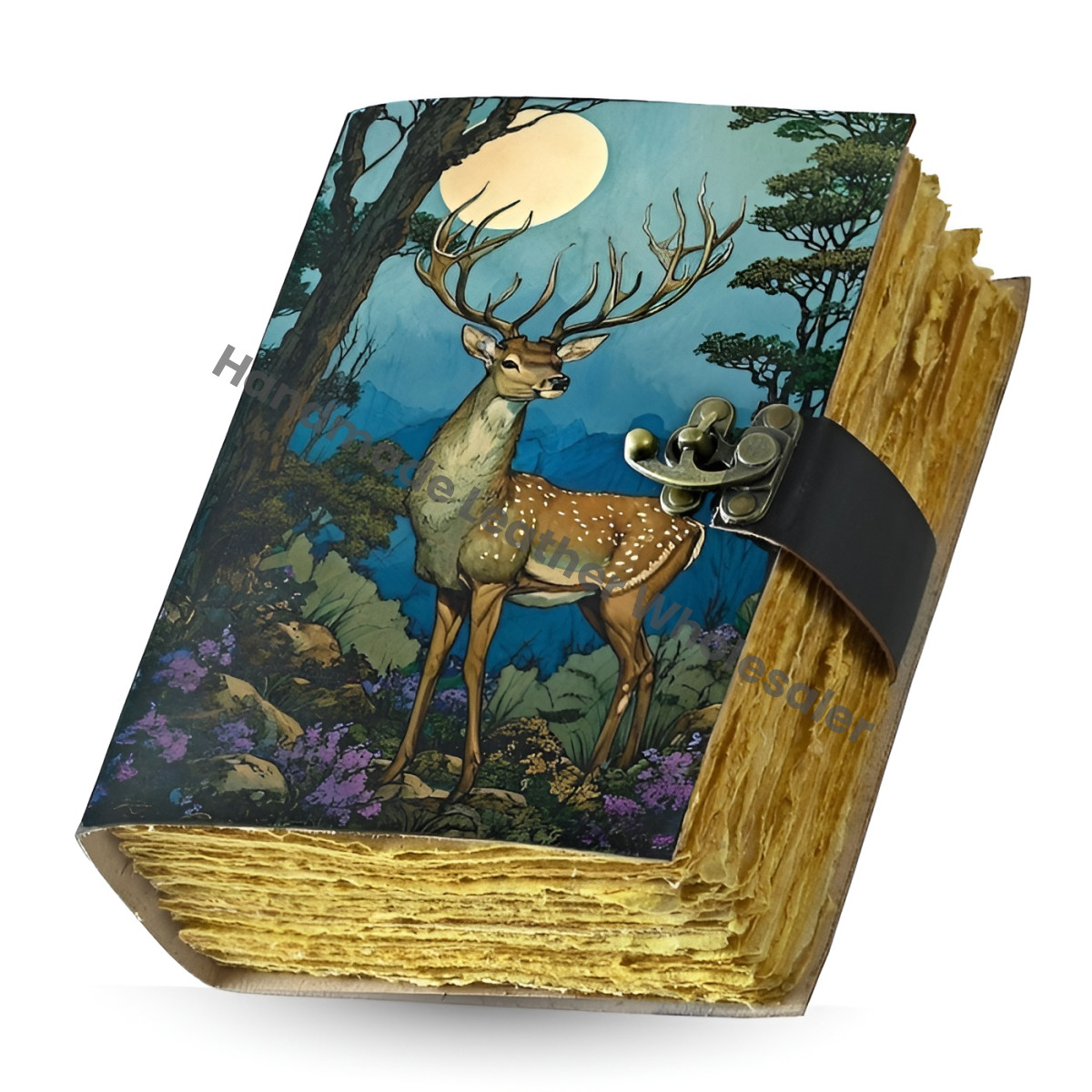 Vintage Leather Journal: Deer Print, Deckle Edge Paper, Book of Shadows new Year Gift.