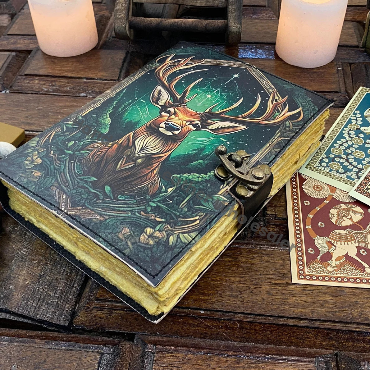 Vintage leather Journal Deer printed Journal Blank spell Book of Shadows Handmade Leather Journal Grimoire Journal with Deckle Edge Paper