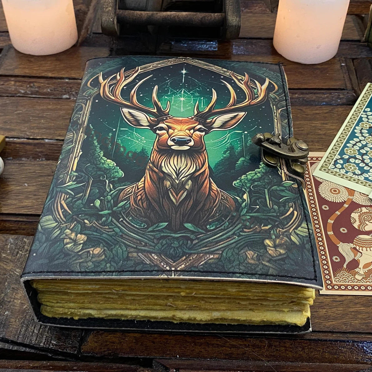 Vintage leather Journal Deer printed Journal Blank spell Book of Shadows Handmade Leather Journal Grimoire Journal with Deckle Edge Paper