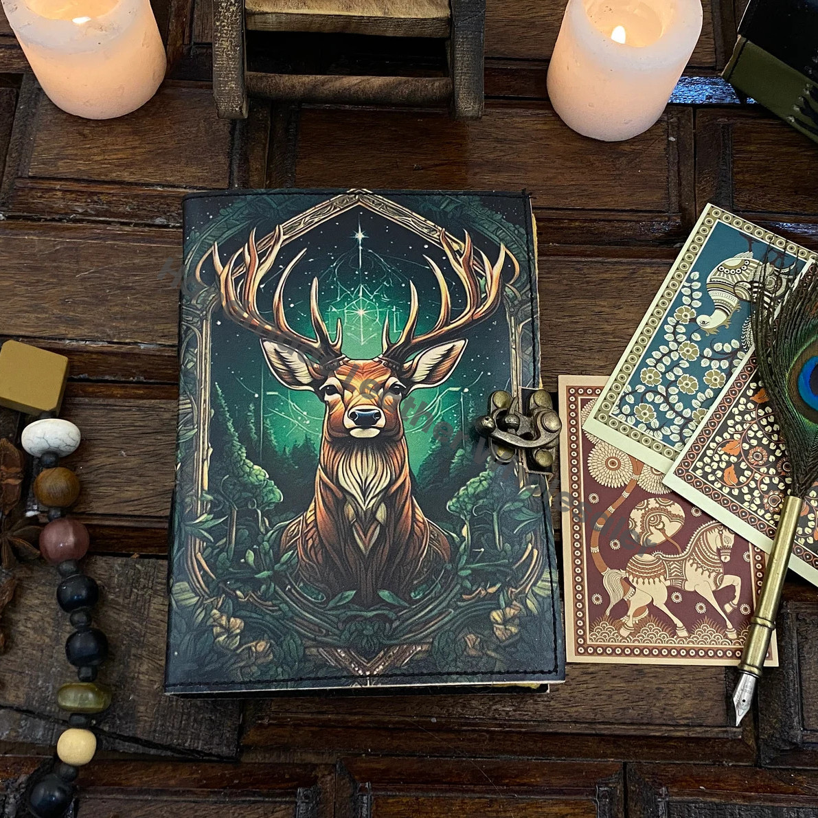 Vintage leather Journal Deer printed Journal Blank spell Book of Shadows Handmade Leather Journal Grimoire Journal with Deckle Edge Paper