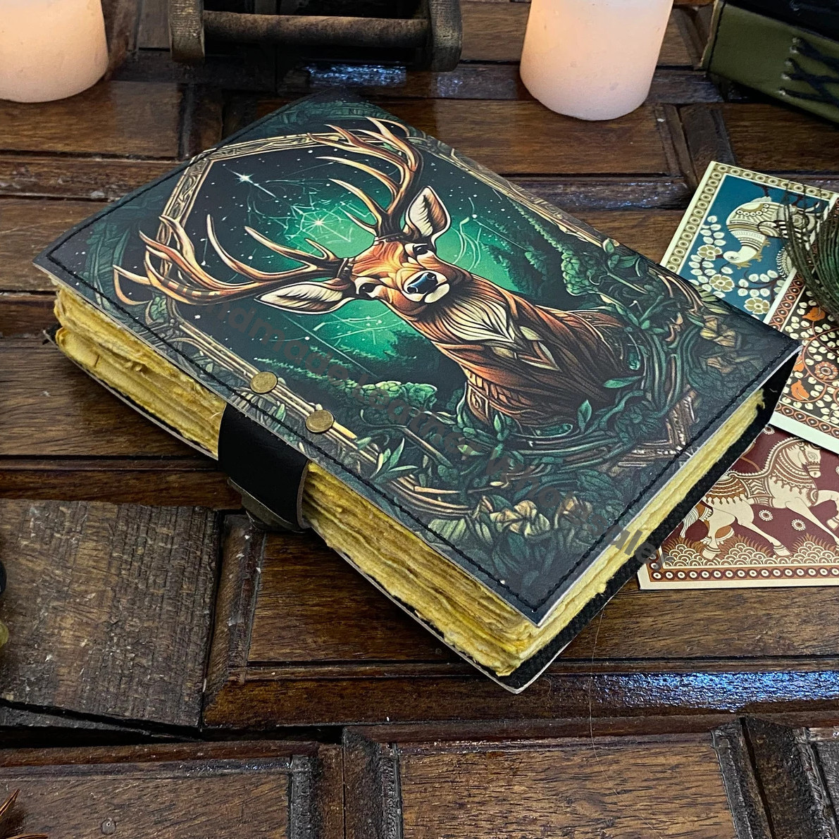 Vintage leather Journal Deer printed Journal Blank spell Book of Shadows Handmade Leather Journal Grimoire Journal with Deckle Edge Paper