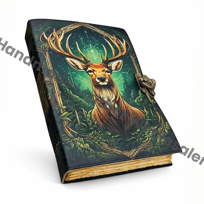 Vintage leather Journal Deer printed Journal Blank spell Book of Shadows Handmade Leather Journal Grimoire Journal with Deckle Edge Paper