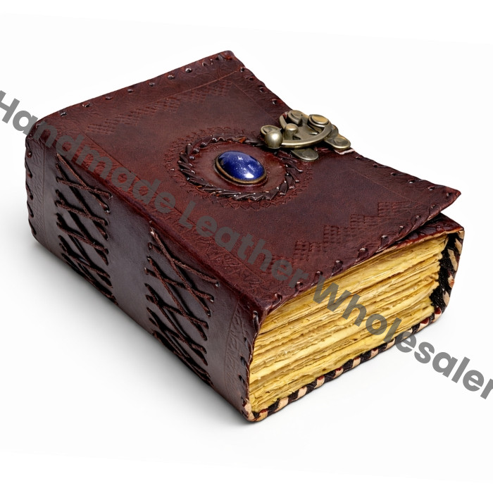 Vintage Leather Journal: Lapis Lazuli Stone, Antique Deckle Edge Paper