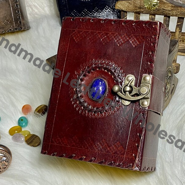 Vintage Leather Journal: Lapis Lazuli Stone, Antique Deckle Edge Paper