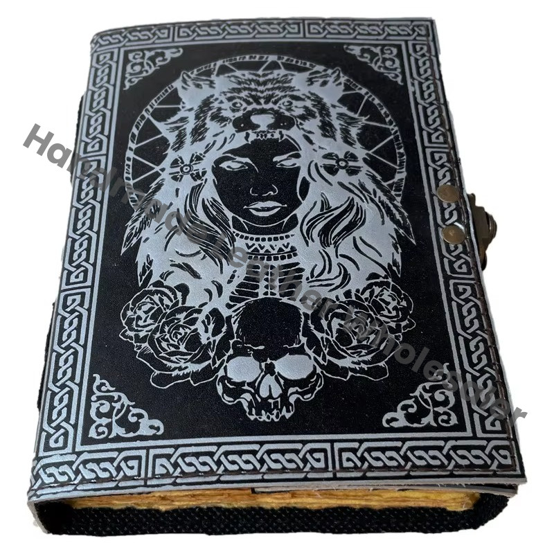 Vintage Leather Journal Sketchbook Drawing Old Book of Shadows Blank Notebook Grimoire Women Face Lock Closer Writing Journal