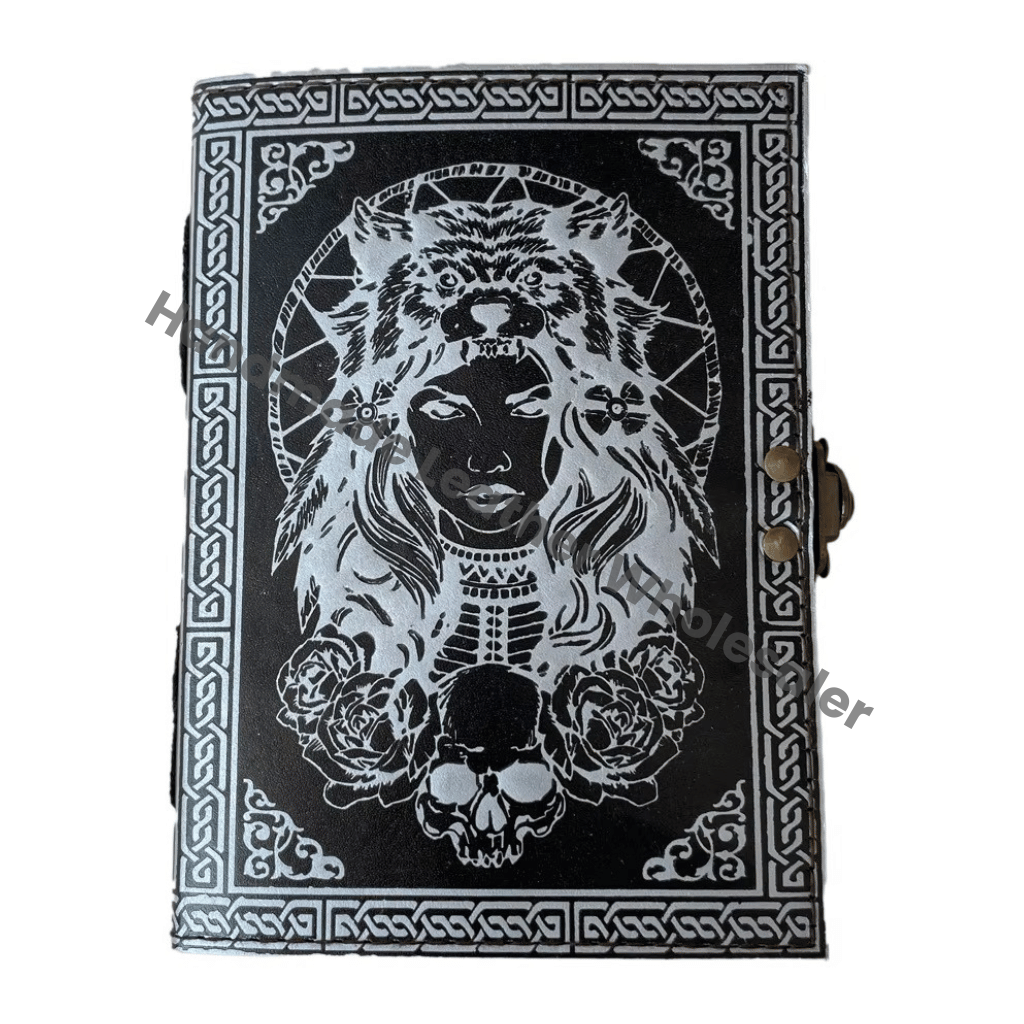 Vintage Leather Journal Sketchbook Drawing Old Book of Shadows Blank Notebook Grimoire Women Face Lock Closer Writing Journal