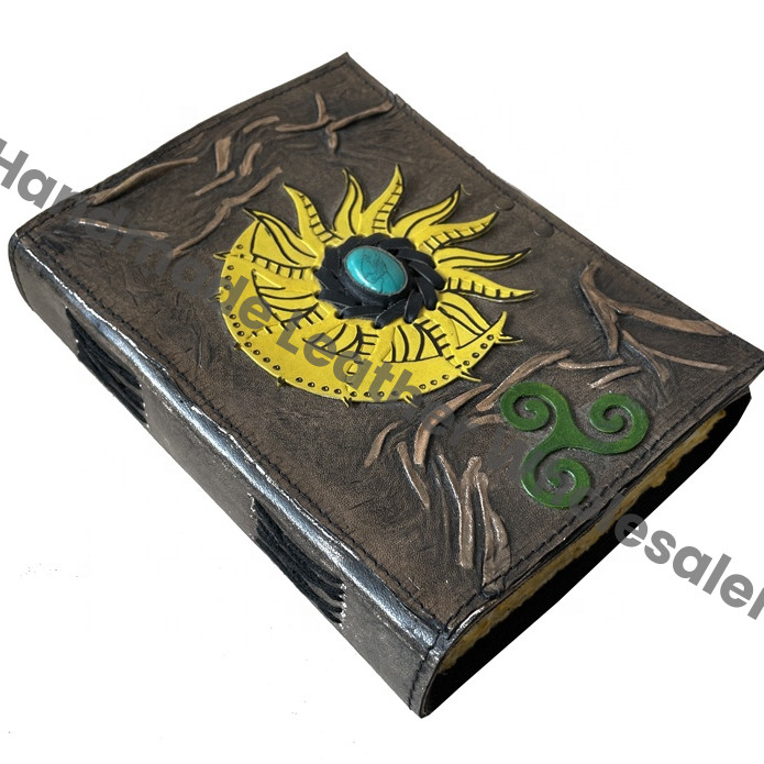 Vintage Leather Journal Sun Moon Stone Antique Handmade Deckle Edge Paper Yellow Charcoal Embossed Sketchbook Gift Custom Logo