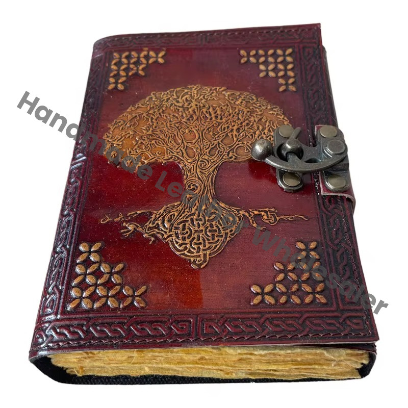Vintage Leather Journal Tree Life Yellow Genuine Cover Case Inner Deckle Pages Spiral Binding Gift Travel Happy Stationery